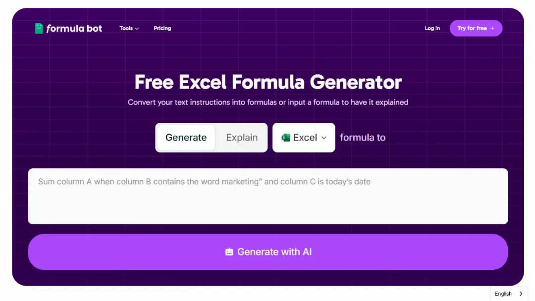 Excel Formula Bot Website Screenshot