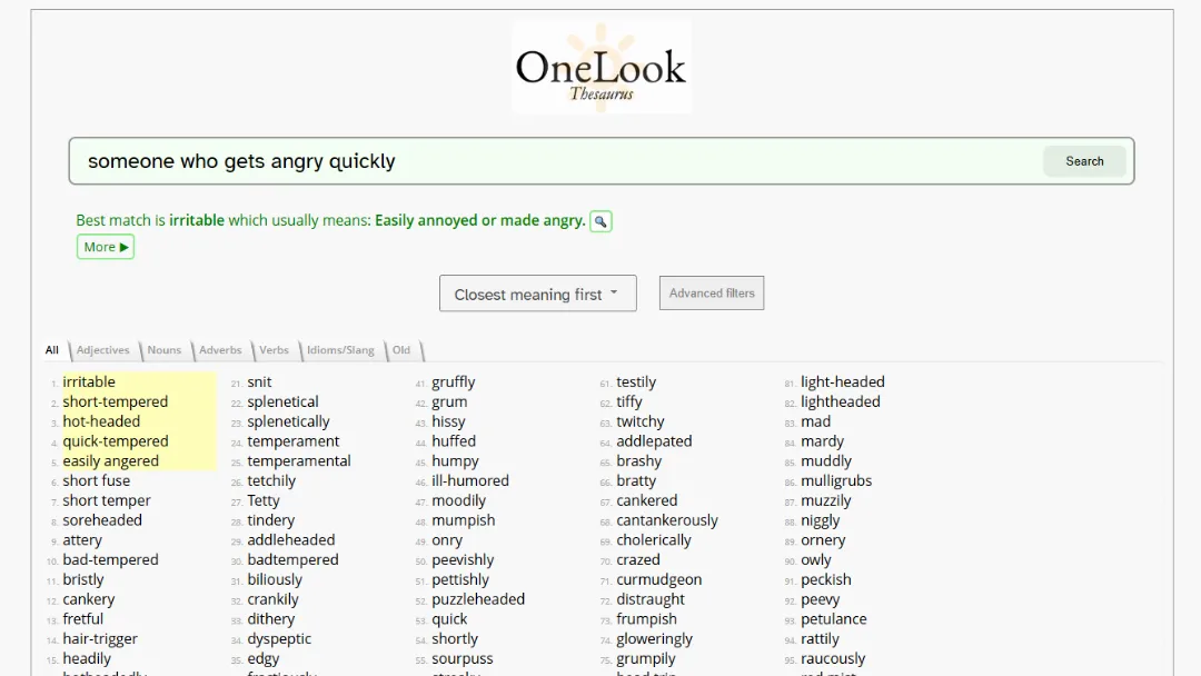 OneLook Thesaurus Website Screenshot