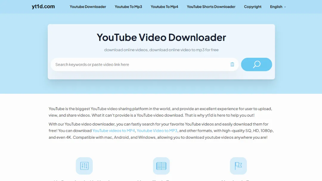 YT1D: Free YouTube Video Downloader Website Screenshot