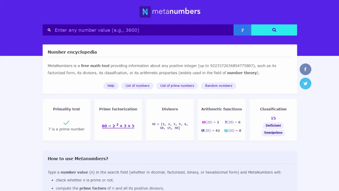 MetaNumbers Website Screenshot