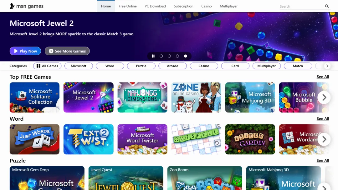 MSN Games Website Screenshot