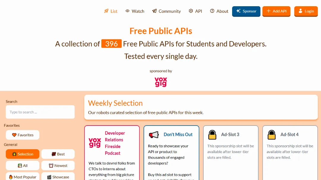 Free Public APIs Website Screenshot