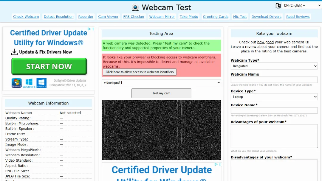 WebcamTests.com Website Screenshot