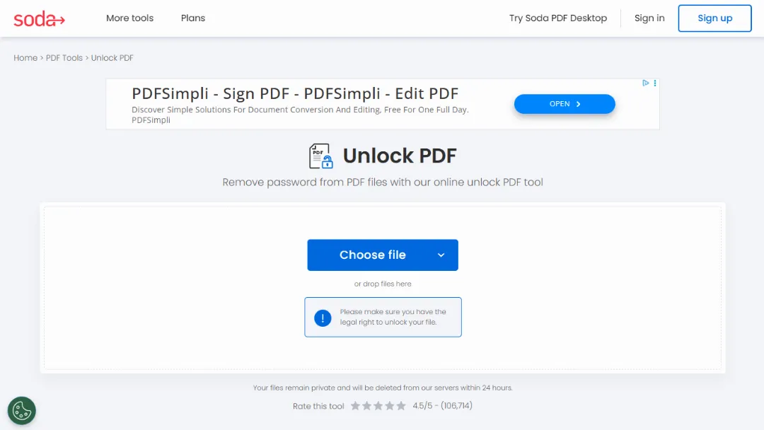 Soda PDF Password Remover Website Screenshot