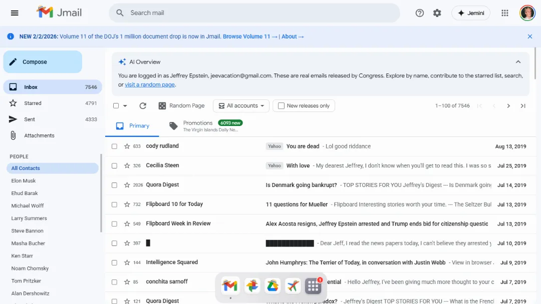 Jmail — Jeffrey Epstein's Emails Website Screenshot