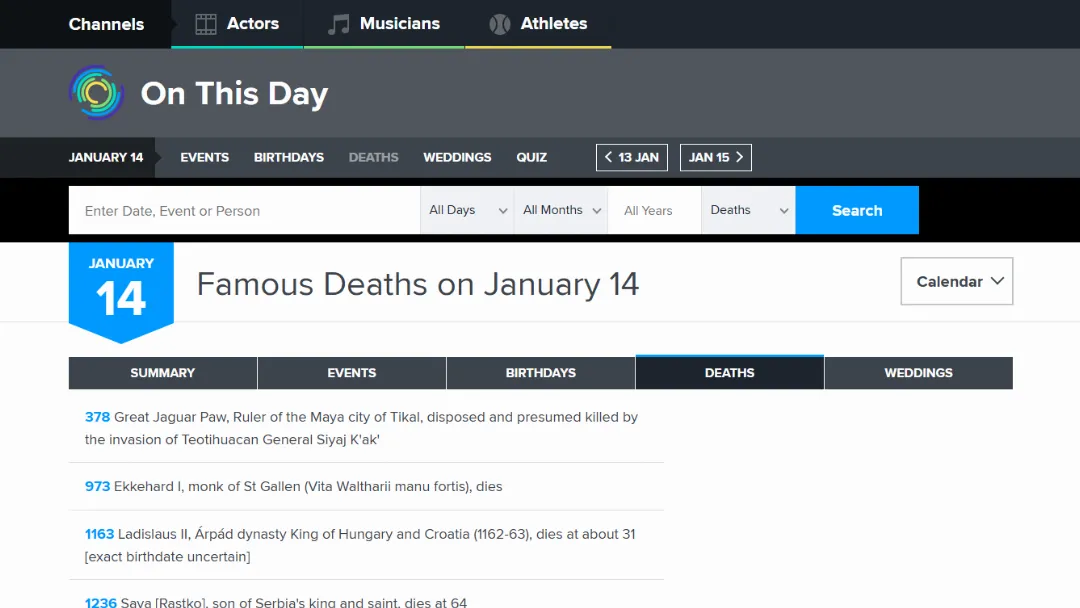 OnThisDay Website Screenshot