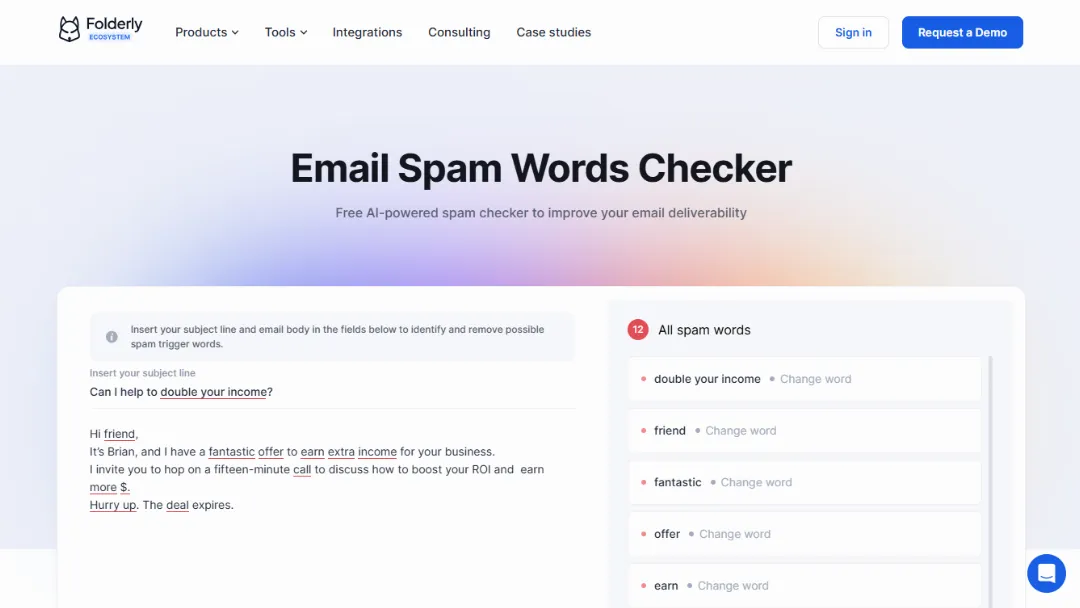 Folderly Spam Words Checker Website Screenshot