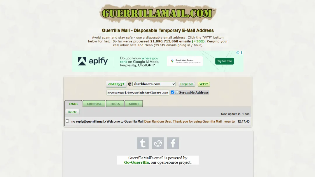 Guerrilla Mail Website Screenshot