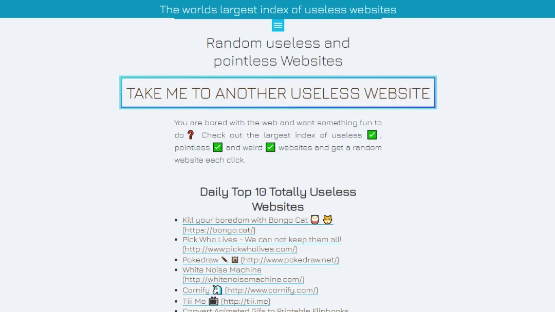 The Useless Web Index Website Screenshot